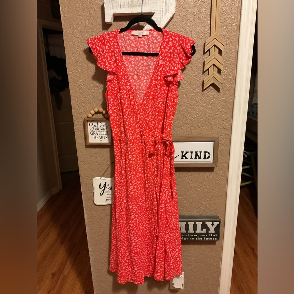 LOFT Red White Wrap Dress Ruffle Sleeve Ends Women’s Size XS